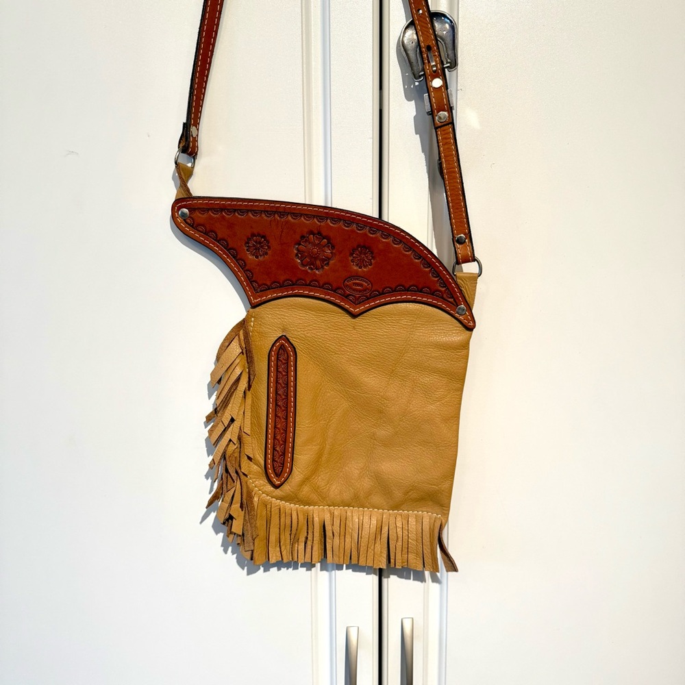 Rocking Bar L Texas Leather Works Brown & Tan Leather Fringe Shoulder Bag - Picture 9 of 13